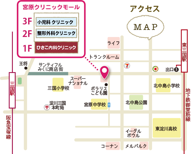 MAP:宮原クリニックモール1F (2F 整形外科 3F 小児科)